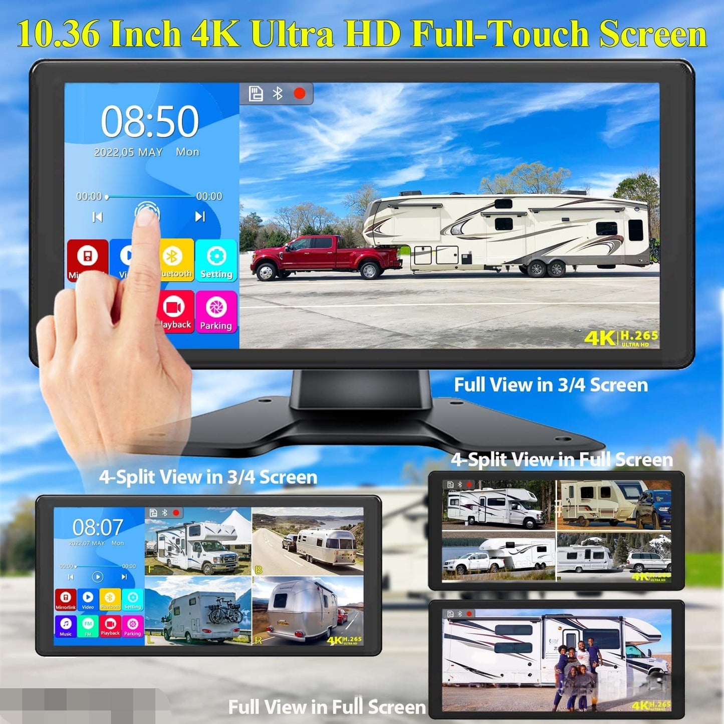 10.36" 4K HD Vehicle Monitor System for Car, RV, Bus & Truck
