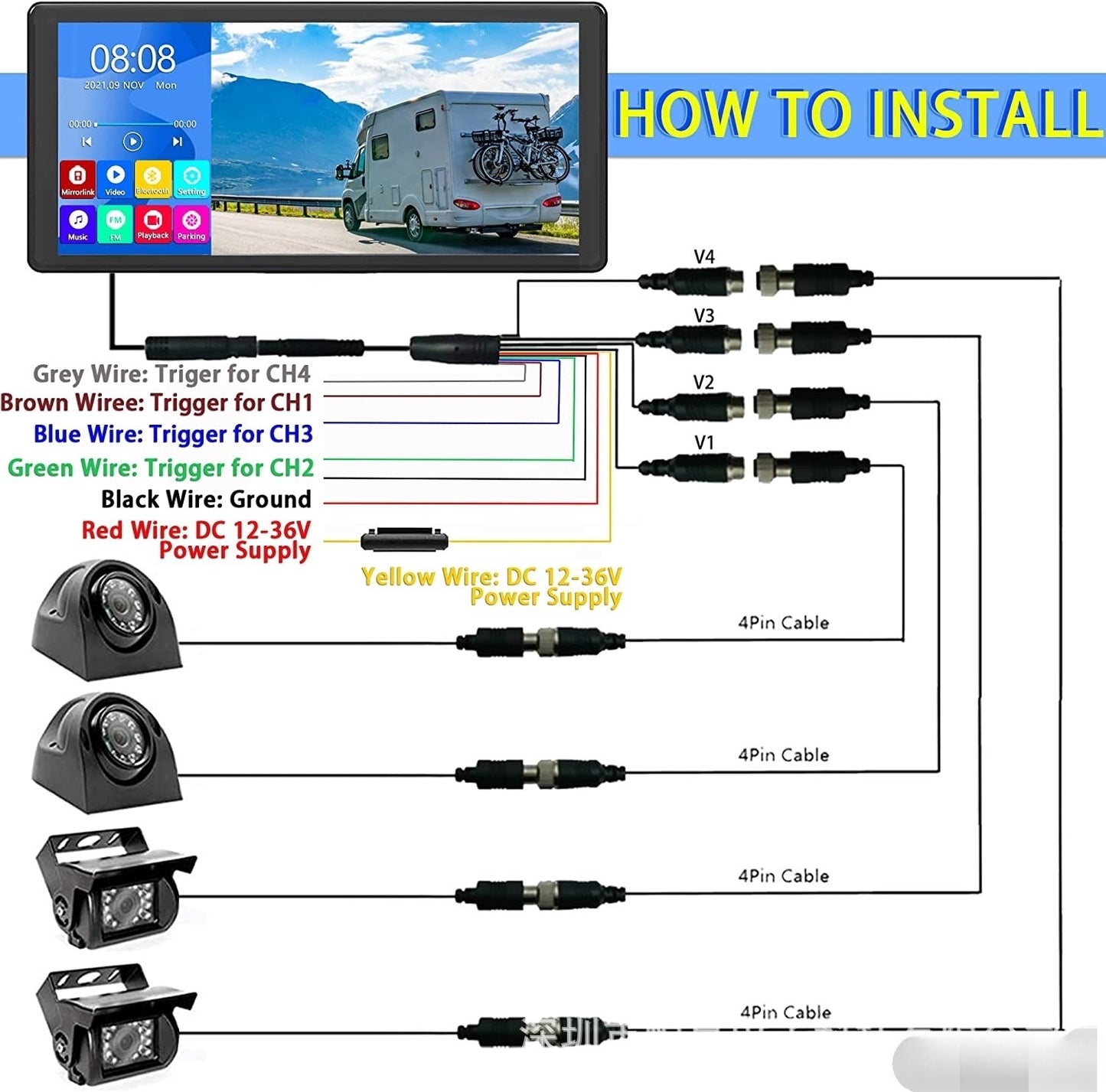 10.36" 4K HD Vehicle Monitor System for Car, RV, Bus & Truck