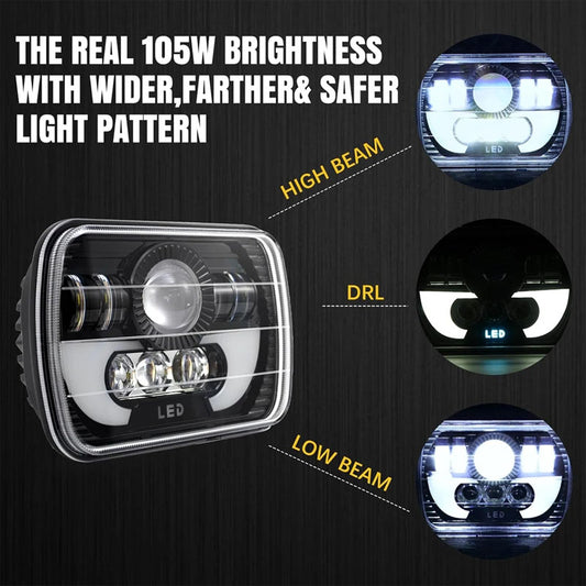 2 PCS 5X7 Inch LED Headlight Square Hi-Lo Beam Halo For Jeep Off-road Truck Motorcycle LED Headlight