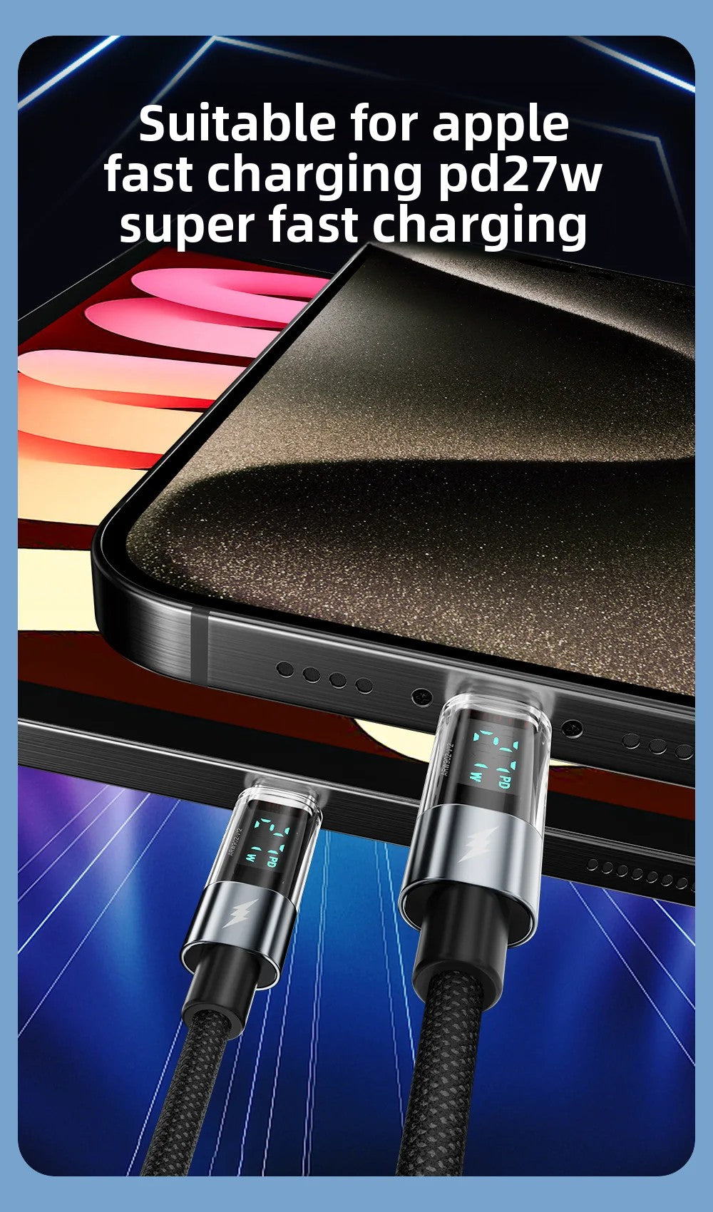 Smart Digital Display Fast Charging Cable 240W Multipurpose Suitable for PD27W 65W Durable Charging Data Line Accory