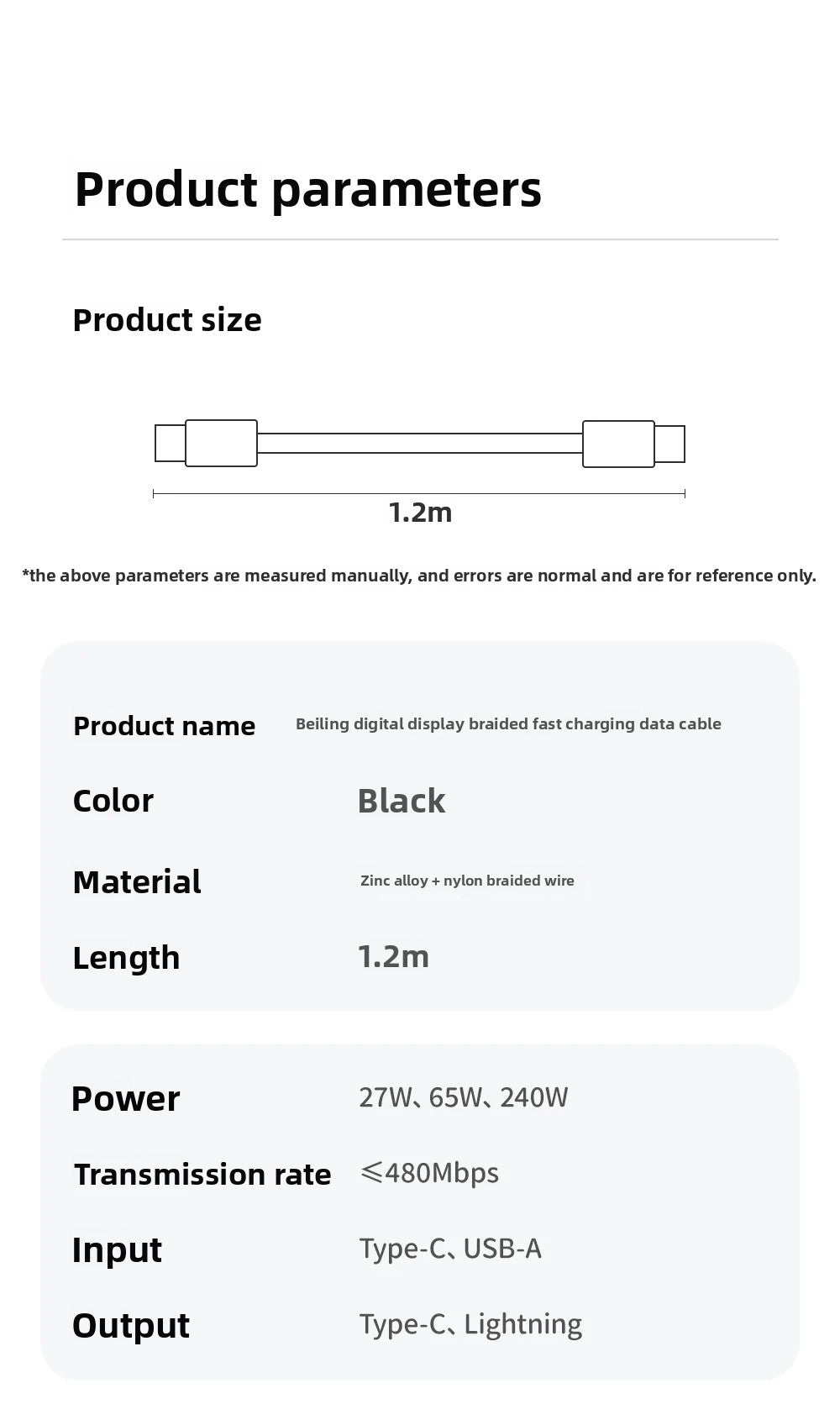 Smart Digital Display Fast Charging Cable 240W Multipurpose Suitable for PD27W 65W Durable Charging Data Line Accory
