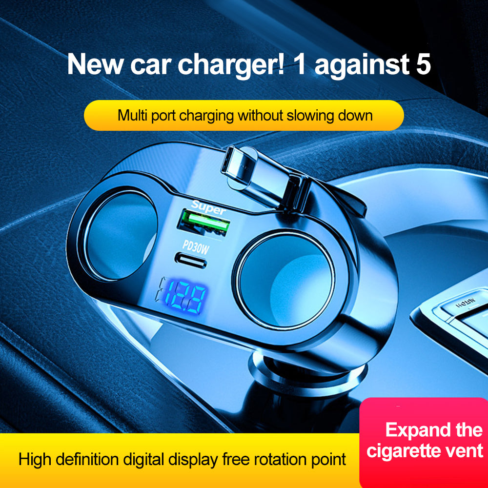 120W Expandable Car Charger Dual Cigarette Lighter PD USB Quick Charge 12V with Voltmeter LED Display For Mobile Phone Chargers