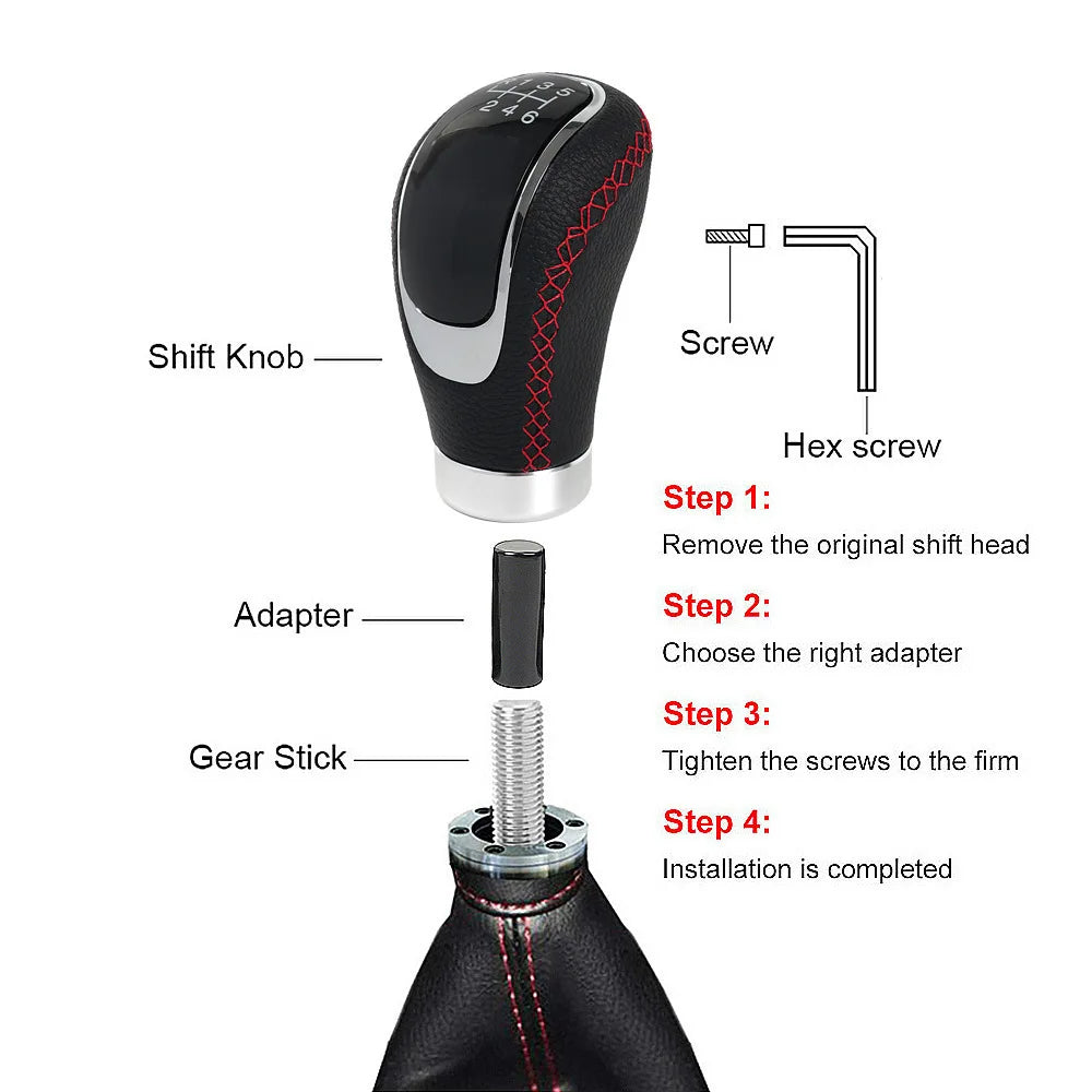 Universal 5-Speed Manual Car Gear Shift Knob with Shifter Boot, Leather Stitching Stick Shift Lever Replacement