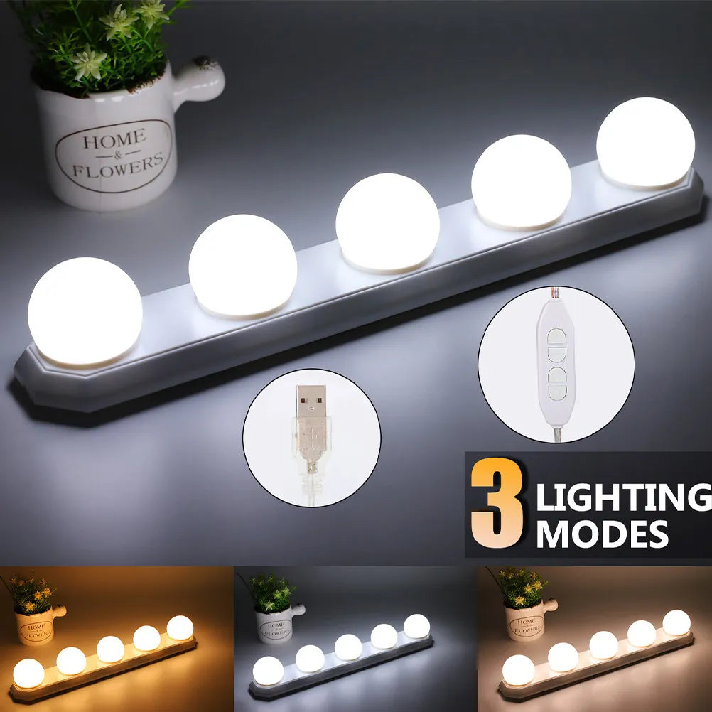 5 LED Vanity Light Bulbs for Makeup Mirror, Soft Illumination, USB Powered, Multiple Brightness Modes, No-Drill Installation