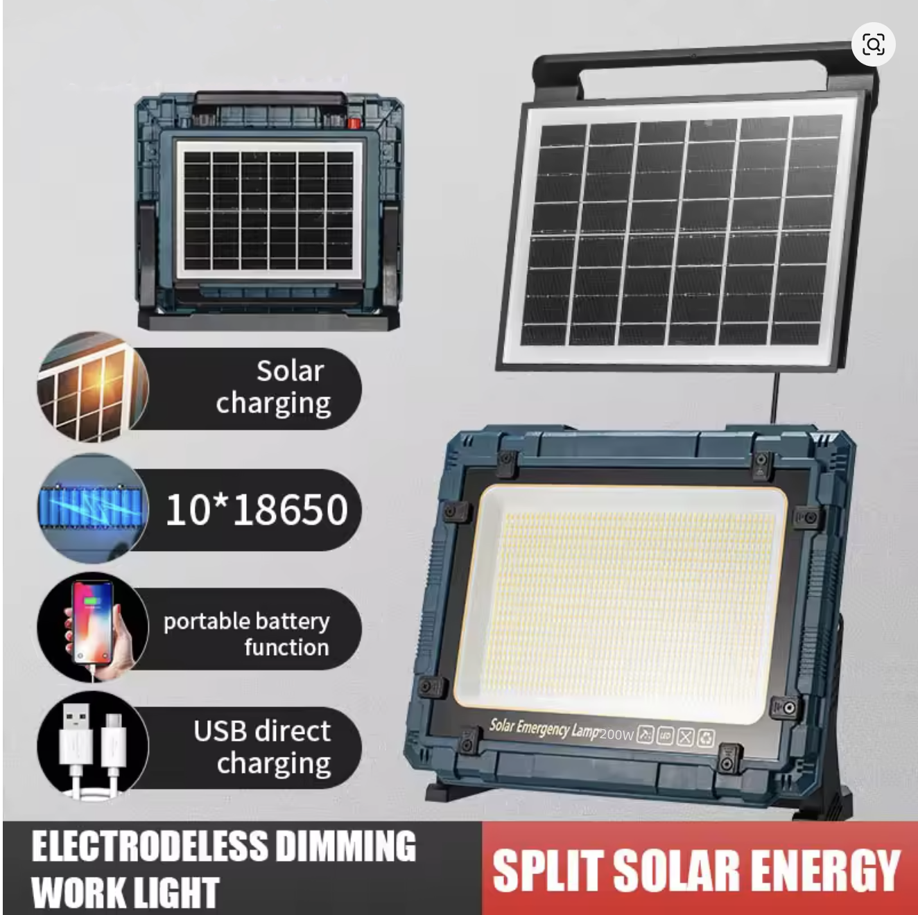 200W LED Solar Floodlight High Bright Outdoor Spotlight Rechargeable Portable Outdoor Camping Projector Work Light