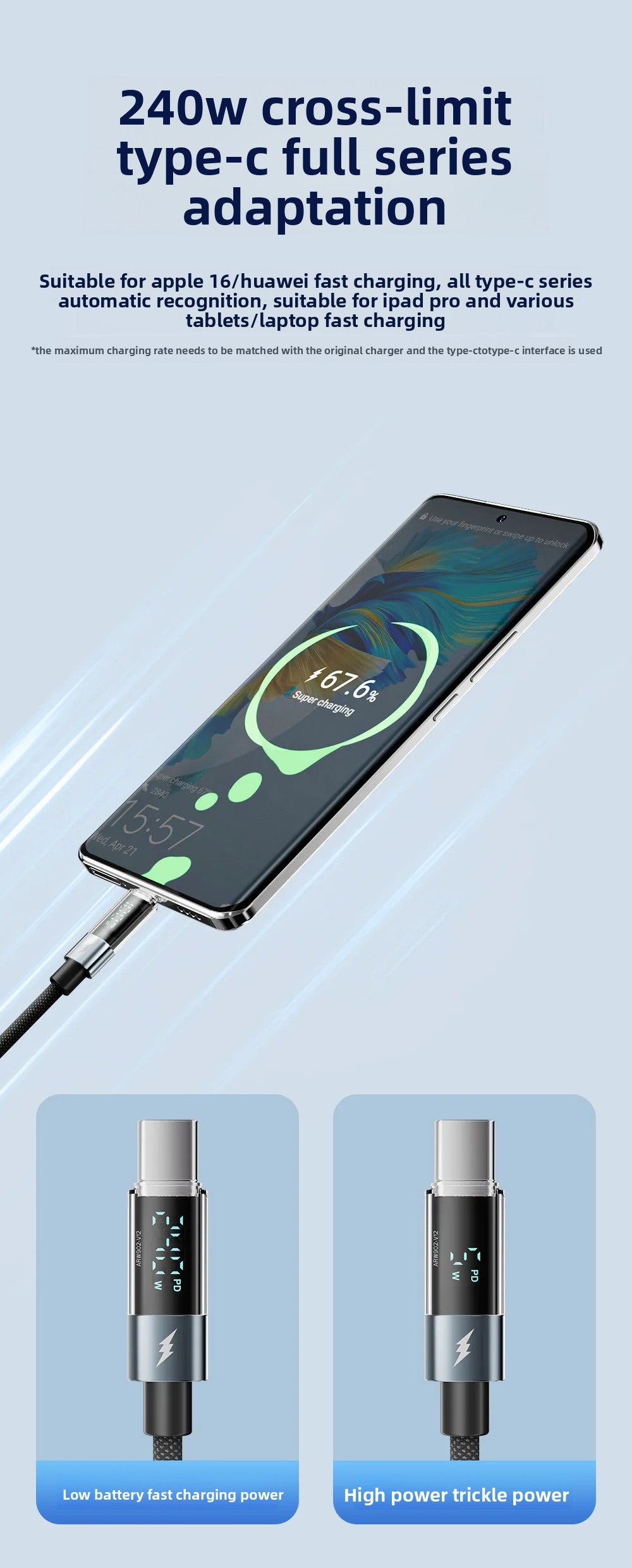 Smart Digital Display Fast Charging Cable 240W Multipurpose Suitable for PD27W 65W Durable Charging Data Line Accory