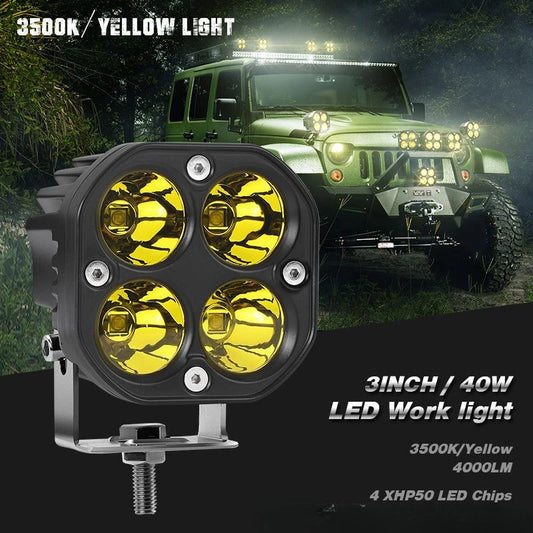 2PCS 3 inch 12V/24V 40W LED Work Lights Driving Spotlight Motorcycle Yellow Fog Lights For Car Pickup Truck 4x4 Tractor Off Road