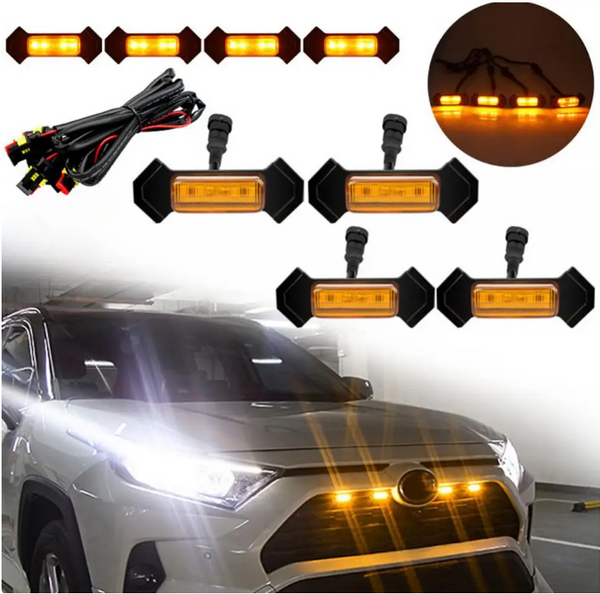 4pcs Car Grill Led Lights 12V Amber Shell with Amber Light Grill Lamp  with Harness Wire