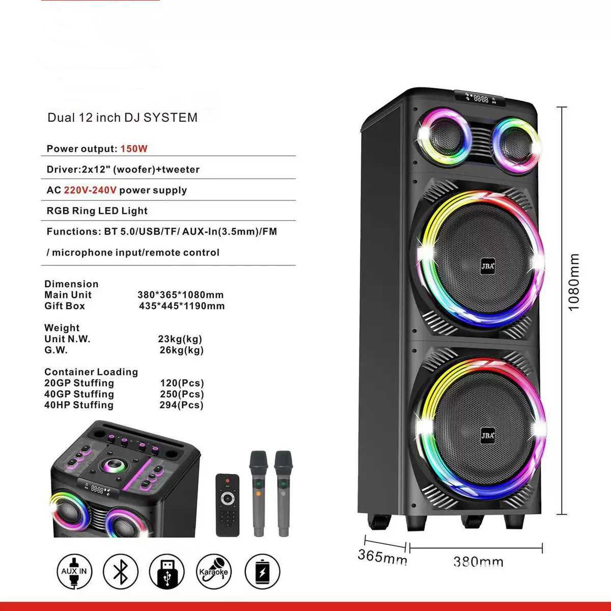 Double 12 Inch Portable Wireless Party Speakers Bluetooth Loudspeaker Big Karaoke Stereo Subwoofer Bluetooth Speaker