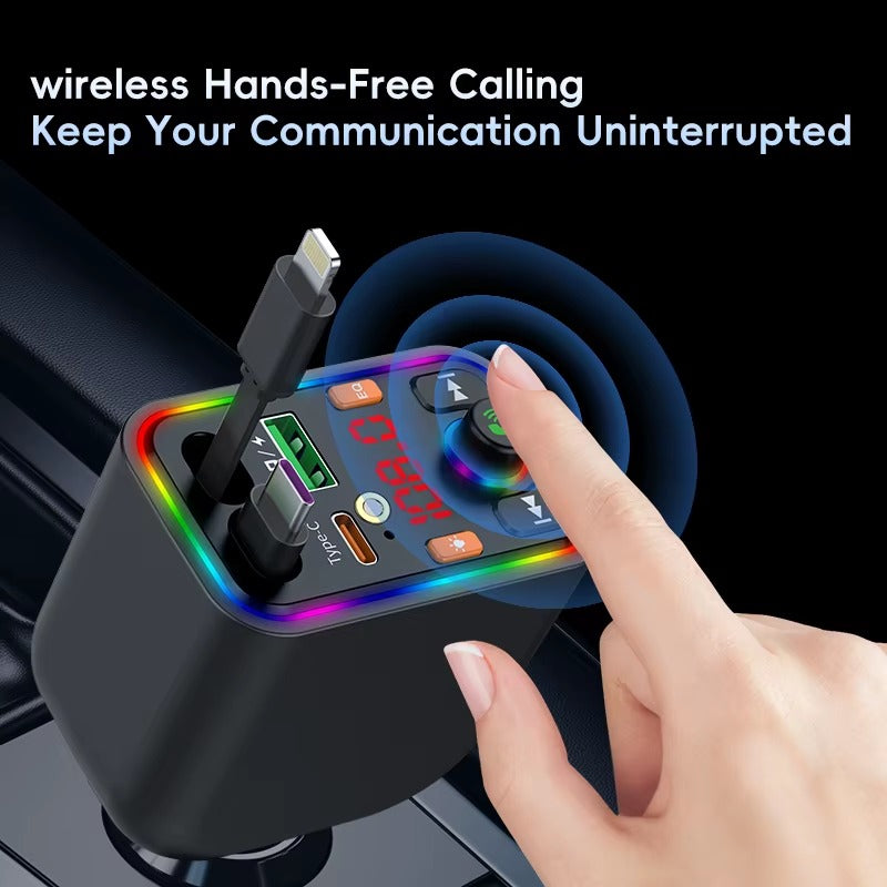 Retractable Car Charger – Type-C & iPhone Cable with FM Transmitter & Bluetooth MP3