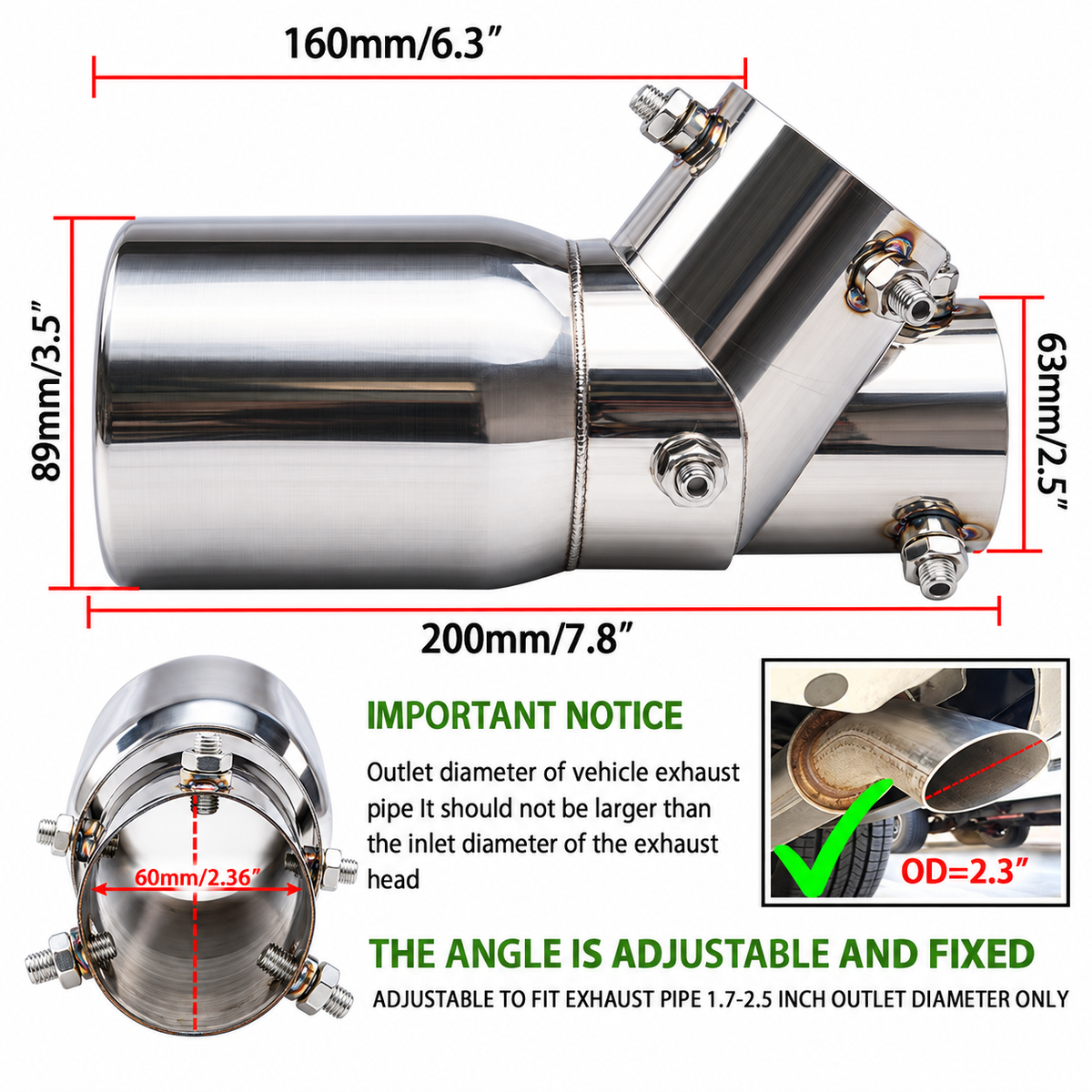 Adjustable Stainless Steel Exhaust Tip – Angled Dual-Wall Muffler Tip for 63–89mm Exhaust Pipes
