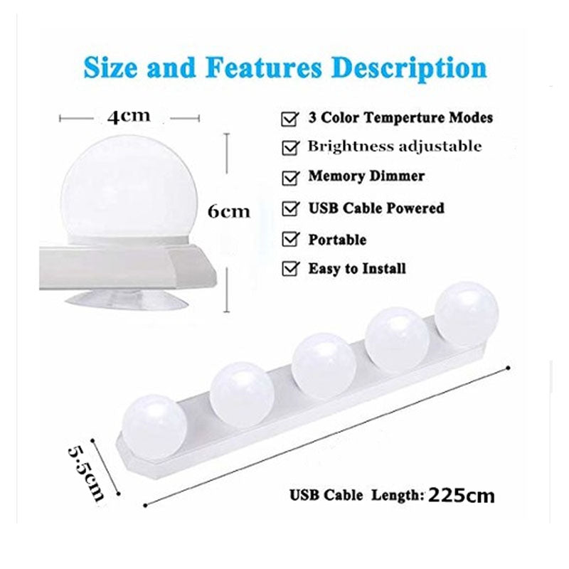 5 LED Vanity Light Bulbs for Makeup Mirror, Soft Illumination, USB Powered, Multiple Brightness Modes, No-Drill Installation