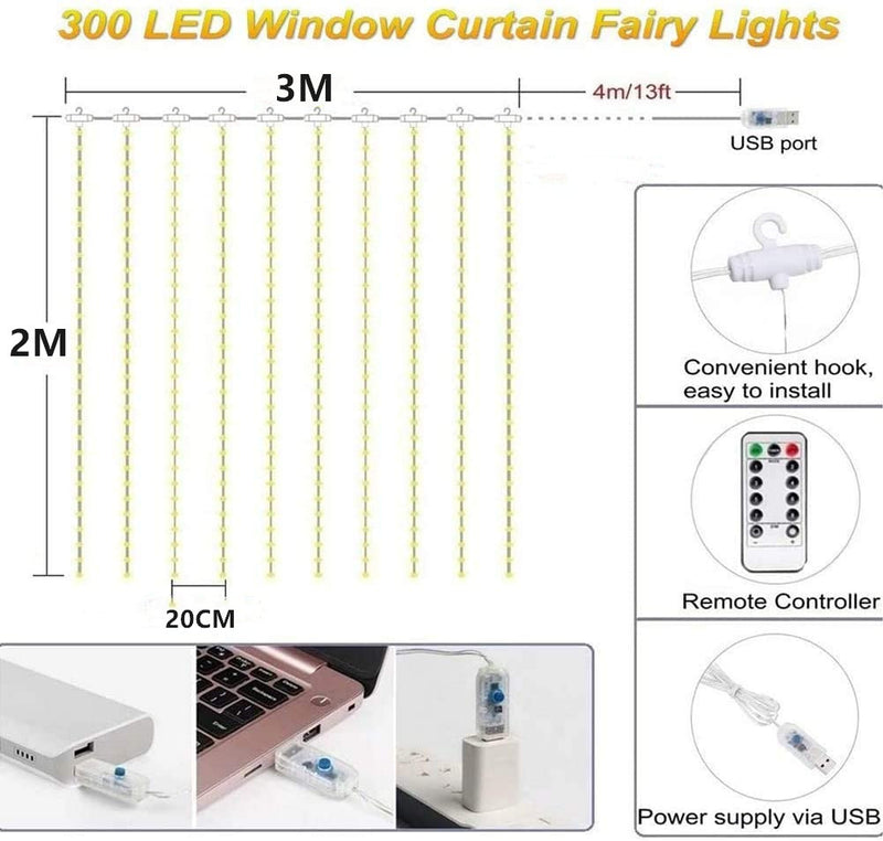 3M*2M USB Powered Window Curtain String Light 8 Lighting Modes Fairy Lights with remote control