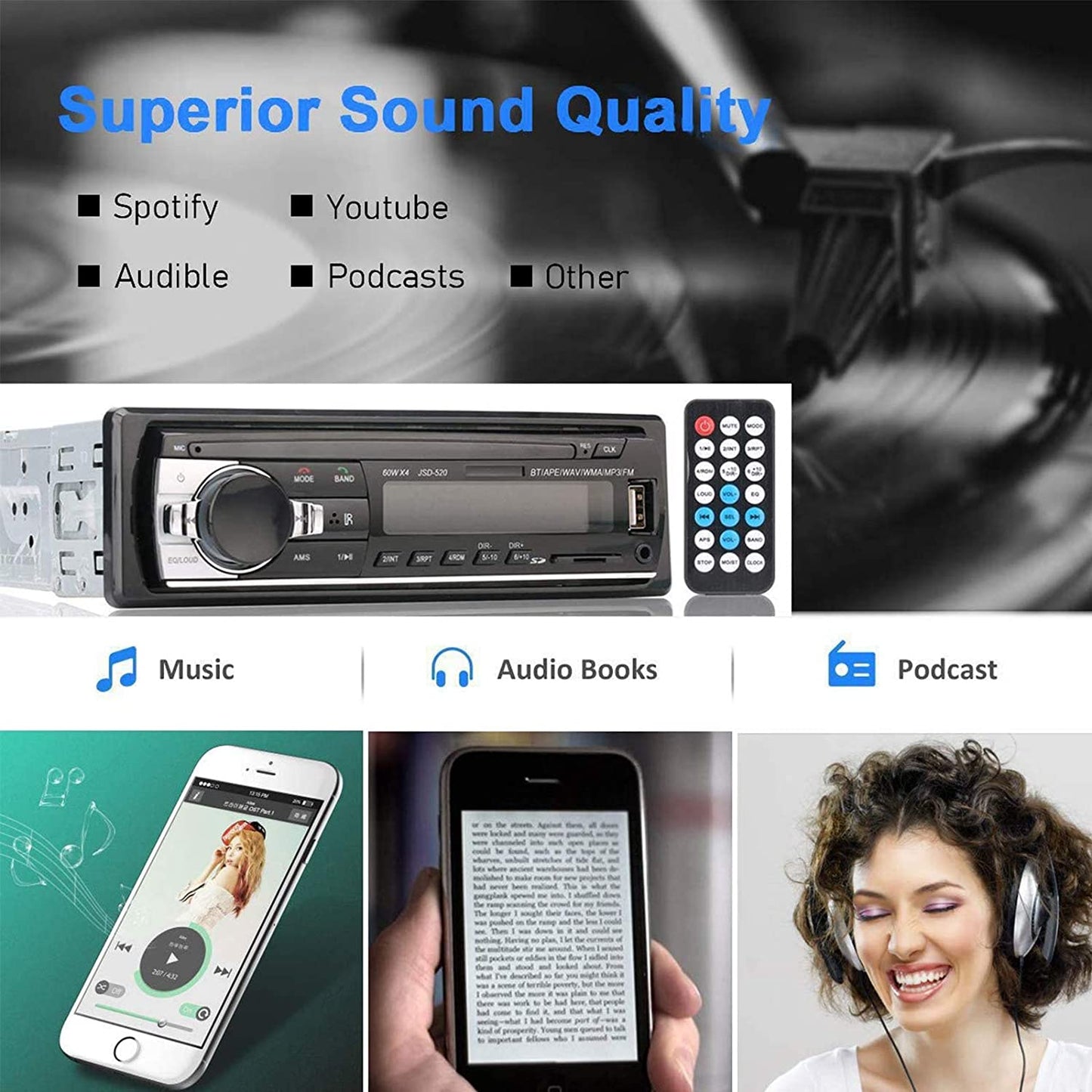 Bluetooth  4x60W Car Audio FM Radio, MP3 Player USB/SD/AUX Hands Free Calling