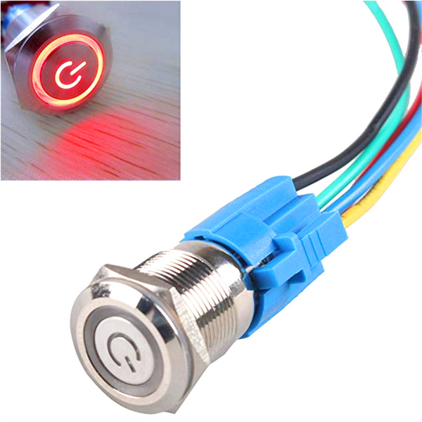 19mm Metal Waterproof 12V LED Power Symbol 5 Pin ON-OFF Car Push Button Switch