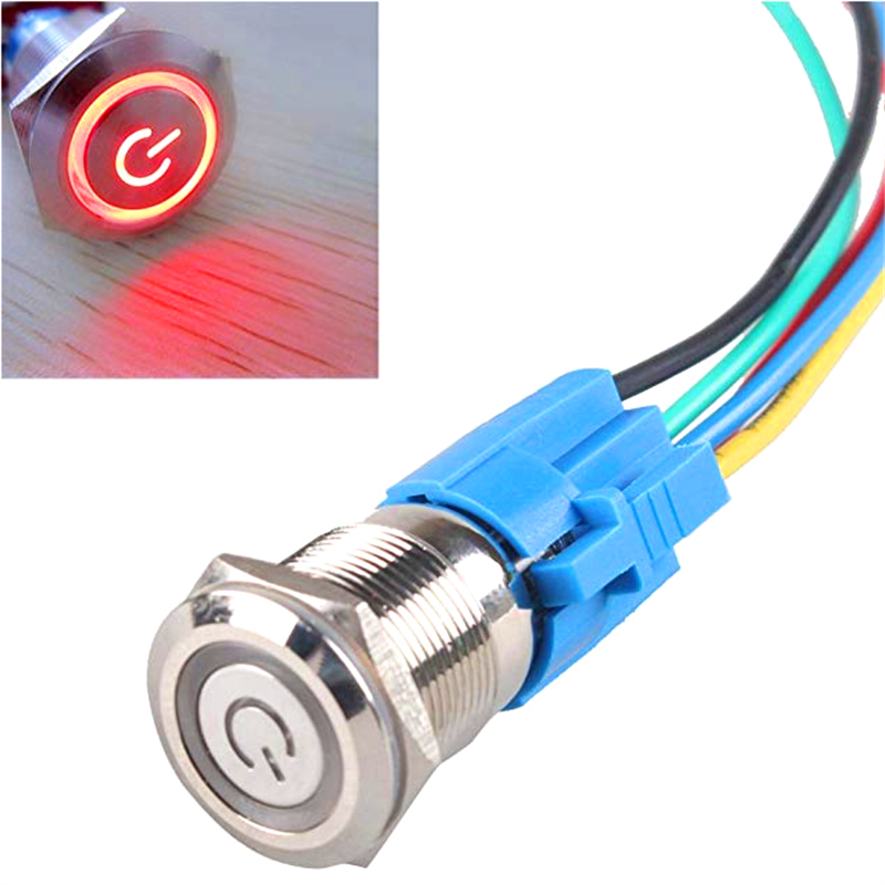 19mm Metal Waterproof 12V LED Power Symbol 5 Pin ON-OFF Car Push Button Switch