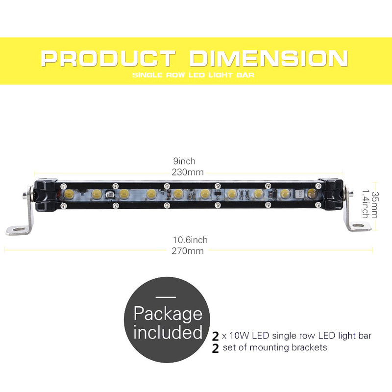 2PCS 9'' LED Light Bar/Super Slim Single Row Led Bar Light Spot Beam 10W 800Lm