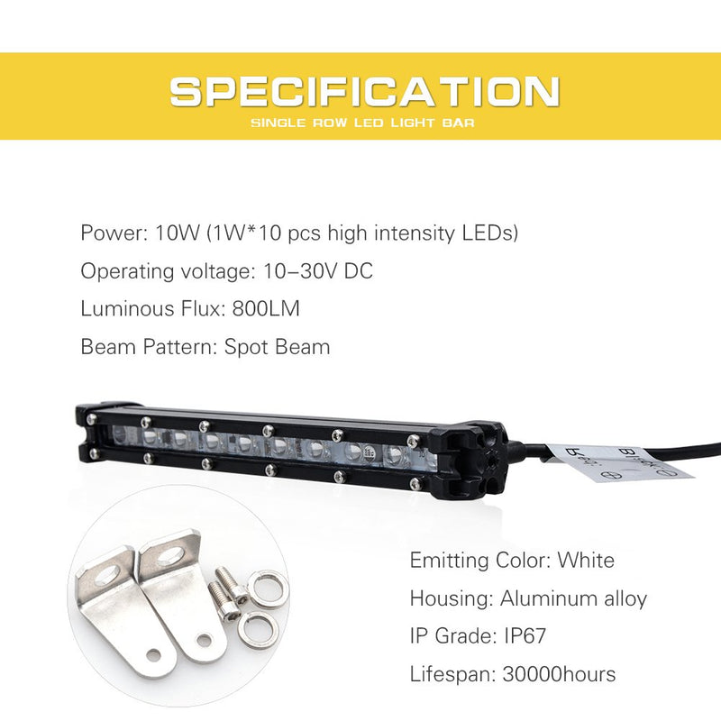 2PCS 9'' LED Light Bar/Super Slim Single Row Led Bar Light Spot Beam 10W 800Lm