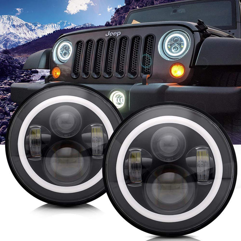 2PCS 7'' Jeep  Round LED Headlight with High Low Beam White DRL Amber Turn Signal