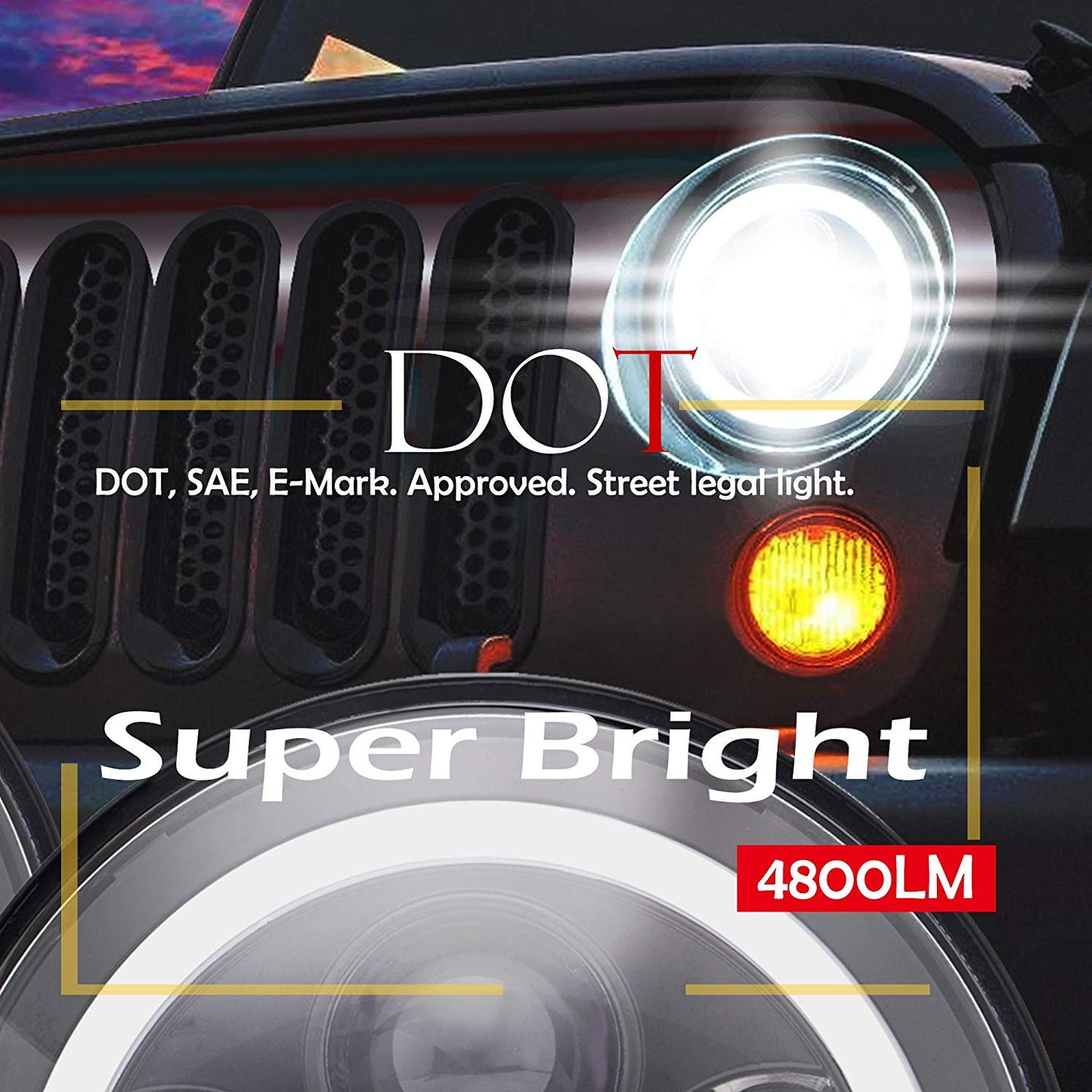 2PCS 7'' Jeep  Round LED Headlight with High Low Beam White DRL Amber Turn Signal