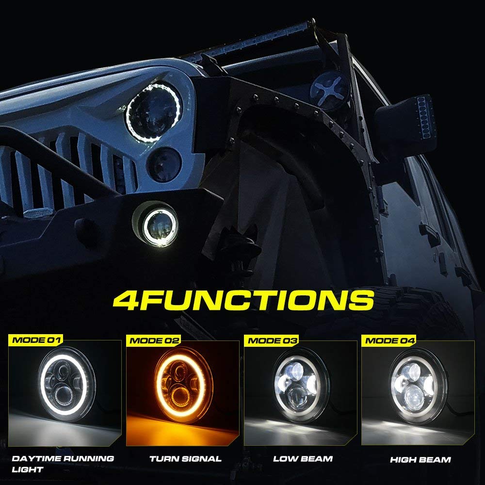 2PCS 7'' Jeep  Round LED Headlight with High Low Beam White DRL Amber Turn Signal