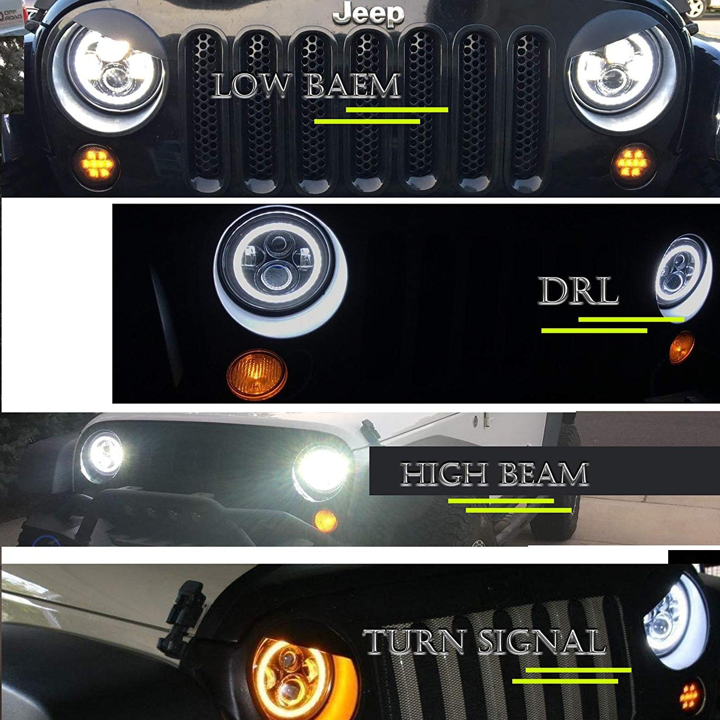 2PCS 7'' Jeep  Round LED Headlight with High Low Beam White DRL Amber Turn Signal