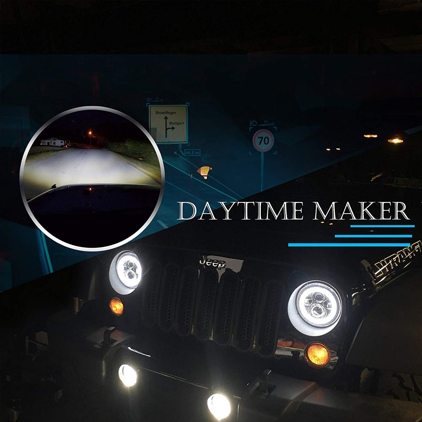 2PCS 7'' Jeep  Round LED Headlight with High Low Beam White DRL Amber Turn Signal