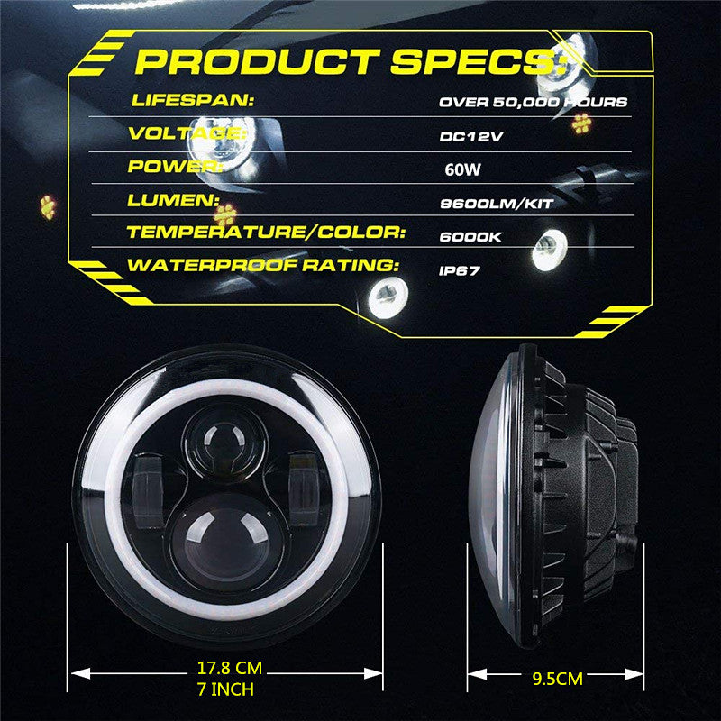 2PCS 7'' Jeep  Round LED Headlight with High Low Beam White DRL Amber Turn Signal