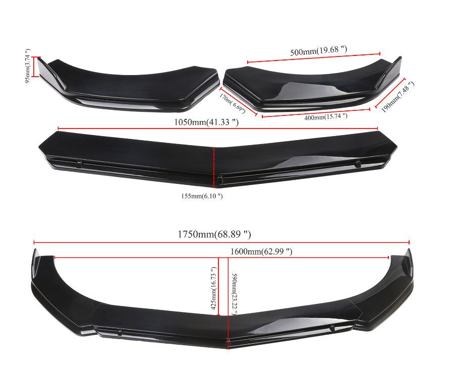 3-Piece Matte Black Front Bumper Lower Lip Splitter For 2015-2024 Dodge Charger SRT