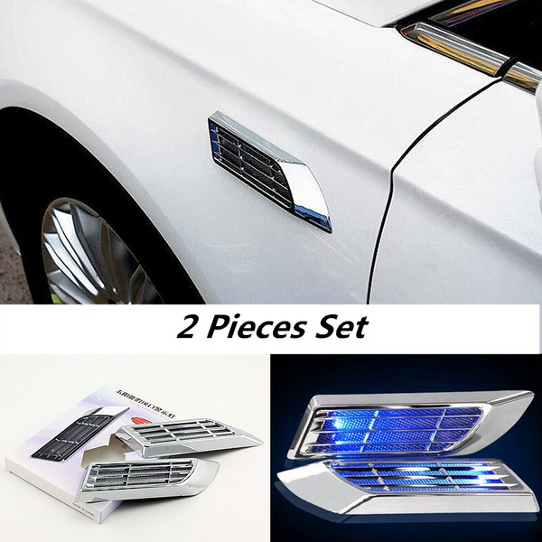 2PCS Car Luminous Leaf Panel Solar Warning Light Hood, Imitation Fake Air Inlet and Outlet Atmosphere Lights