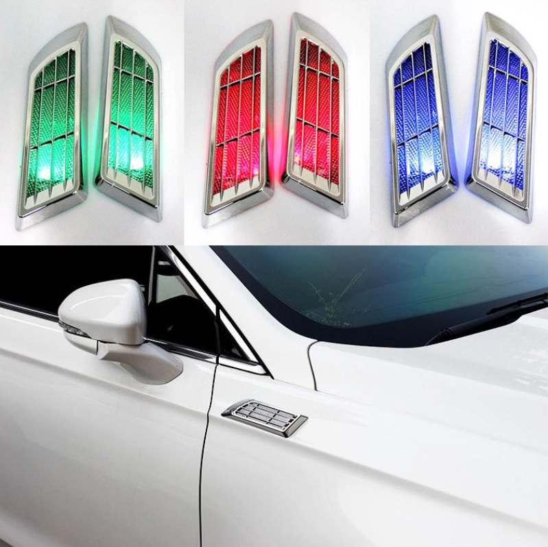 2PCS Car Luminous Leaf Panel Solar Warning Light Hood, Imitation Fake Air Inlet and Outlet Atmosphere Lights