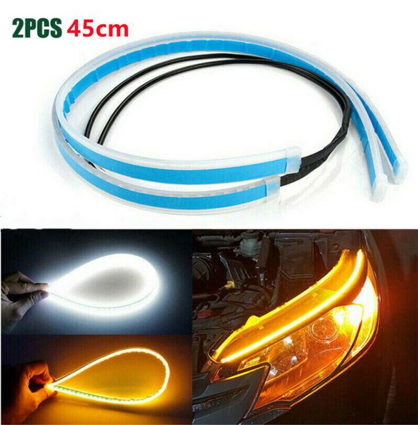 2PCS 12V 45CM  Flexible DRL Lights + Yellow Indicator with Turn Sequential Flow